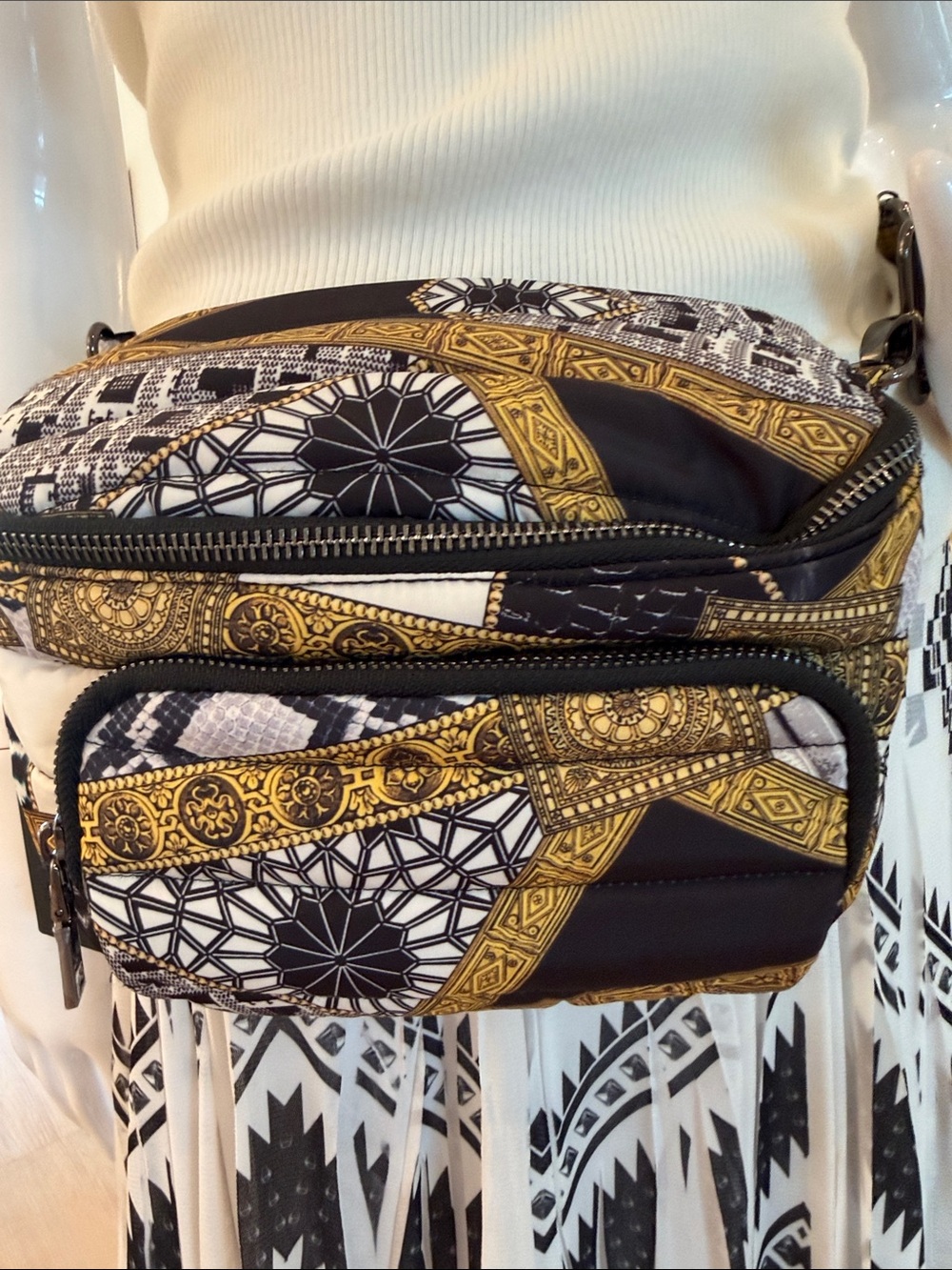 THINK ROYLN Black, White & Gold Patterned Belt Bag